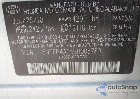 2011 Hyundai Sonata Gls from USA, damaged, VIN 5NPEB4AC5BH008780